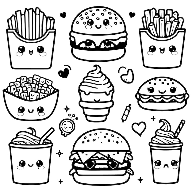 A collection of different types of food coloring page line art illustration
