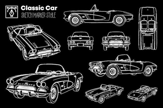 Vector collection of different views of classic car silhouettes. marker effect drawings.