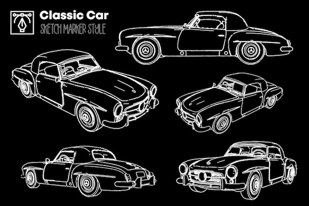 Collection of different views of classic car silhouettes. marker effect drawings.