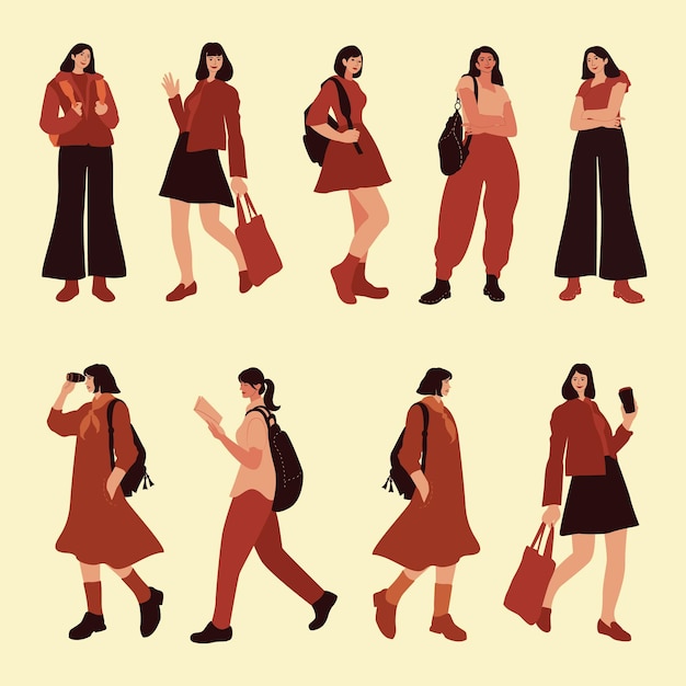 A collection of different women with different outfits.