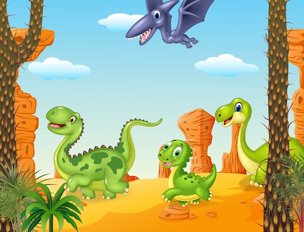 Vector collection dinosaur character in the prehistoric background