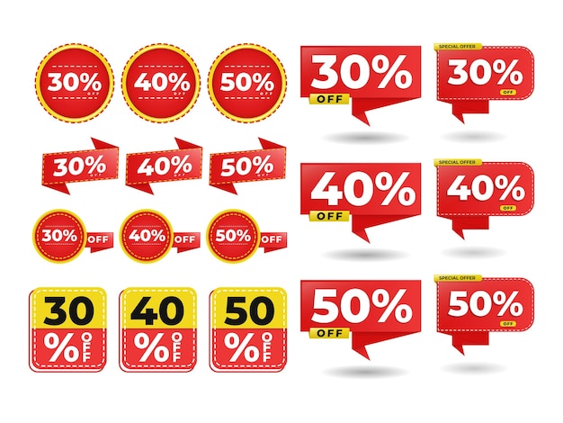 30〜40％および50％のさまざまな割引がある割引デザインラベルのコレクション