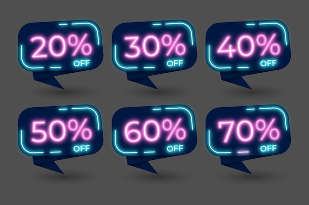 A collection of discount labels with neon effect