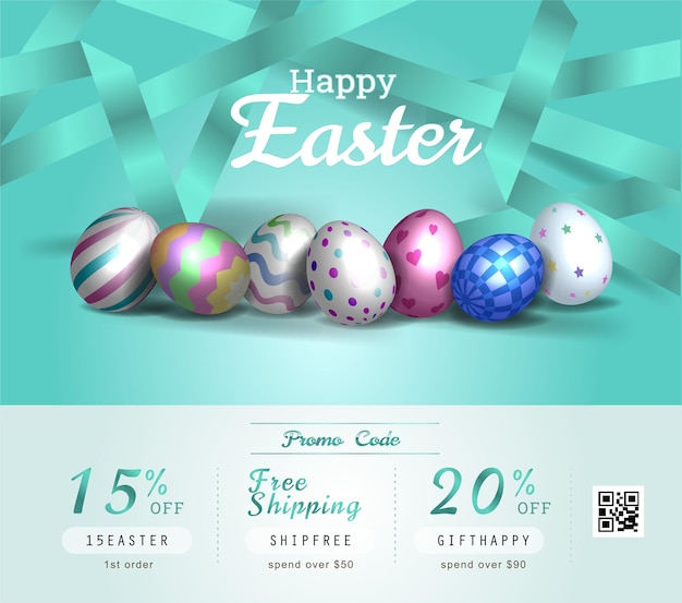 Vector collection of discount voucher template with ribbons bow easter eggs and promo qr code detailed and realistic vector illustration