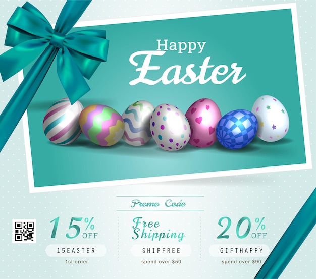 Collection of discount voucher template with ribbons bow Easter eggs and promo QR code Detailed and realistic Vector illustration