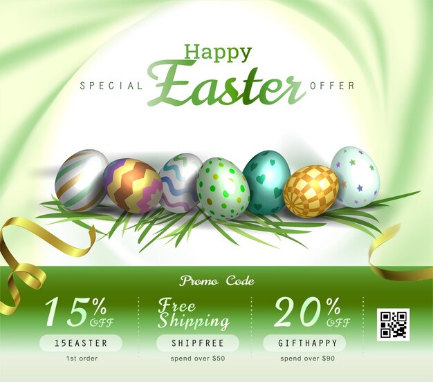 Collection of discount voucher template with ribbons bow Easter eggs and promo QR code Detailed and realistic Vector illustration