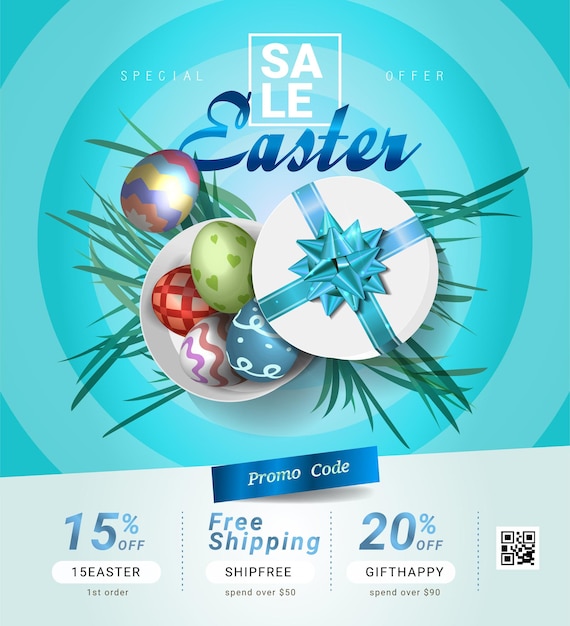 Collezione di modello di buono sconto con fiocco di nastri, uova di pasqua e codice qr promozionale illustrazione vettoriale dettagliata e realistica