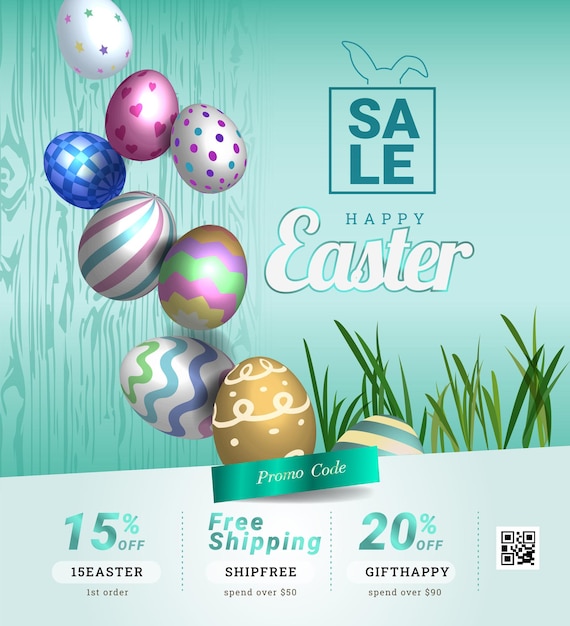 Vector collection of discount voucher template with ribbons bow easter eggs and promo qr code