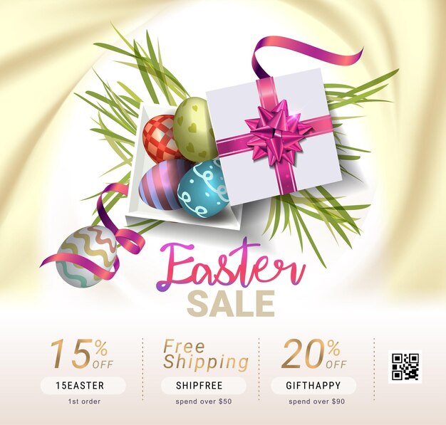 Collection of discount voucher template with ribbons bow Easter eggs and promo QR code
