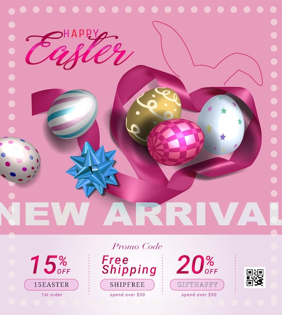 Collection of discount voucher template with ribbons bow Easter eggs and promo QR code