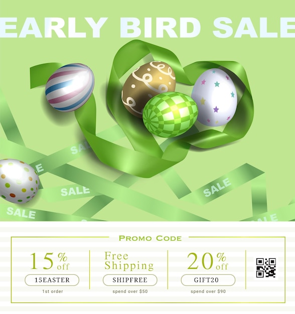 Collection of discount voucher template with ribbons bow Easter eggs and promo QR code