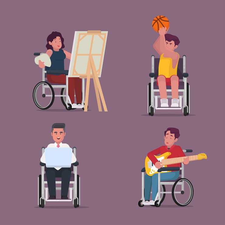 Vector collection of dissaled people doing activity painting sports playing guitar with wheelchair