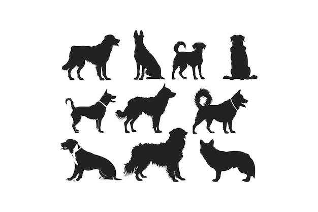 様々なポーズの犬のシルエットのコレクション ベクトルイラストデザイン