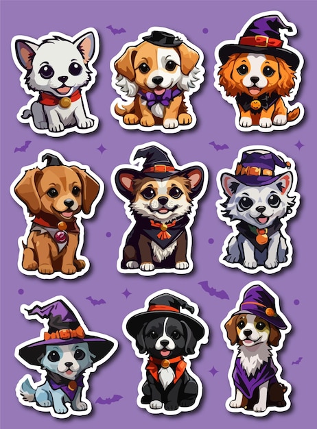 Collezione di set di adesivi per cani in costumi di halloween