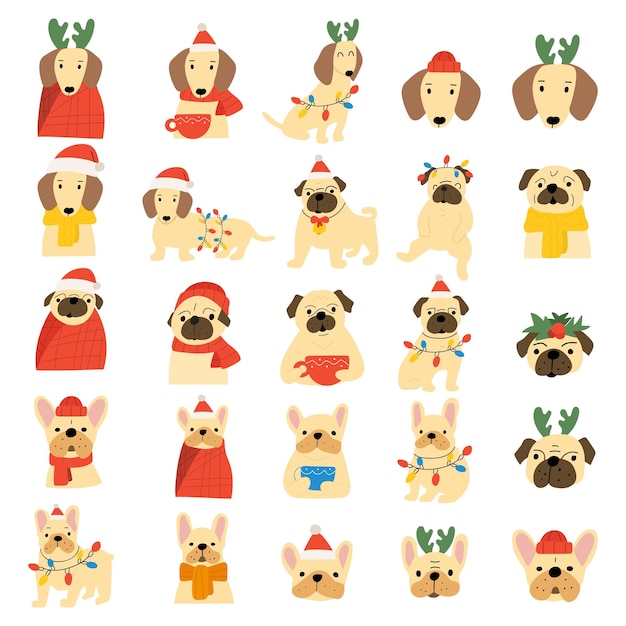 Vector collection of dogs for christmas concept pug french bulldog dachshund hand drawn vector illustra