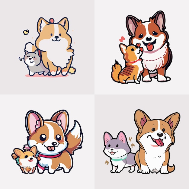 Vector a collection of dogs in different poses and the words corgi and corgi.