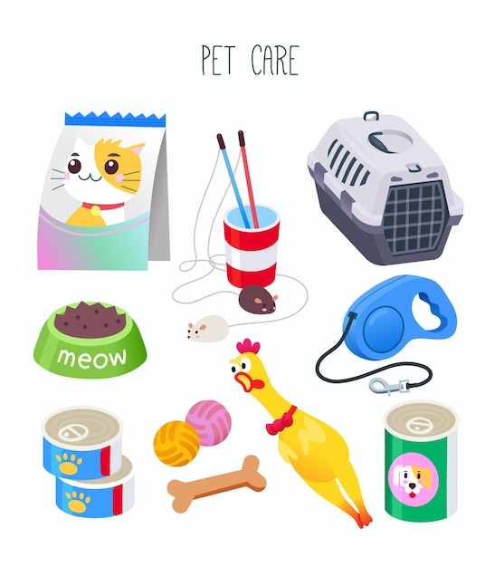 Vector collection of domestic animals equipment commonly sold at a supermarket images for labels for pets goods department or online store media and web isolated vector image