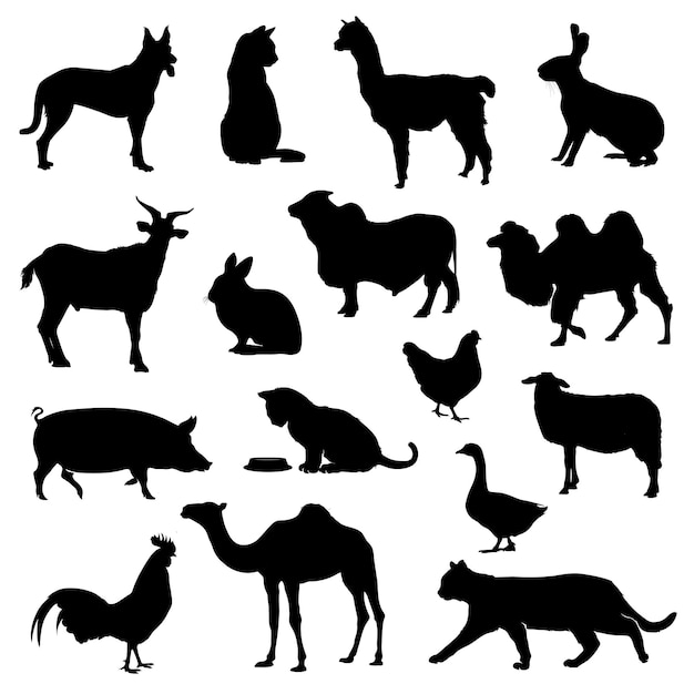 collection of domestic farm animals silhouettes set. Vector livestock  isolated on white background