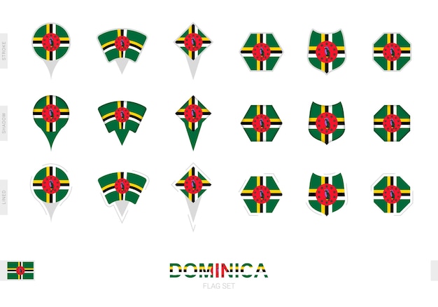 Collection of the Dominica flag in different shapes and with three different effects