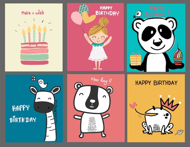 Collezione doodle simpatico cartone animato di compleanno