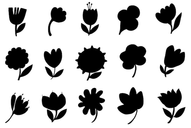 Collection of doodle flowers flat vector silhouettes