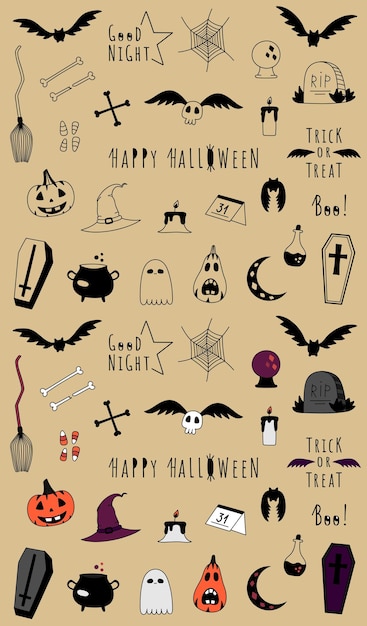 Collection of doodle halloween stickers isolated. Set of hand drawn magical items, bats, pumpkins