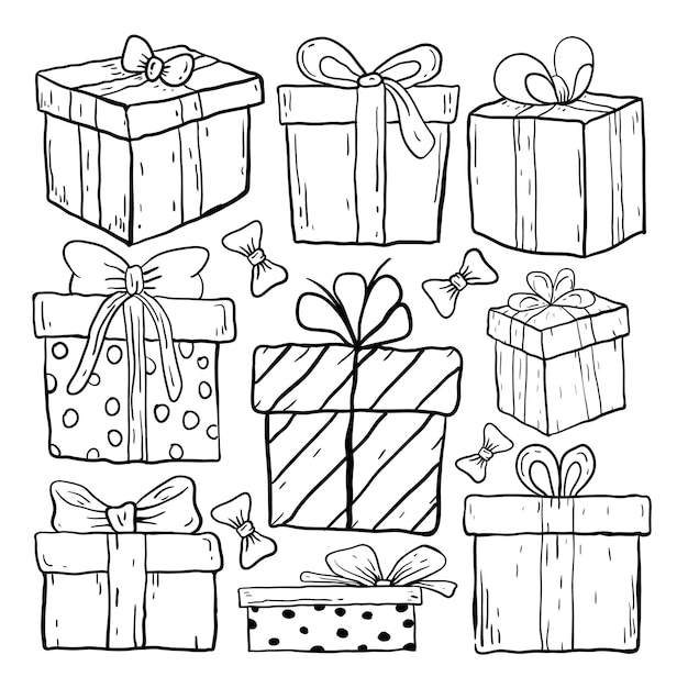 Collection of doodle hand drawn gift boxes premium vector