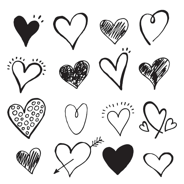 Collection doodle set of hand drawn scribble hearts isolated black on white background