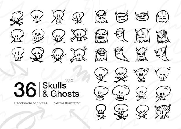 collection of doodle sketches of ghosts and skulls