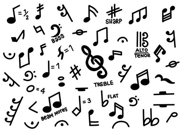 Vector collection of doodles with hand drawn musical notes background hand drawn illustration