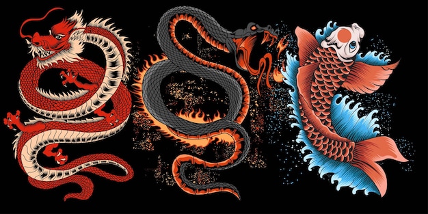 Collection Of Dragon Snake Fire And Koi Fish Illustration