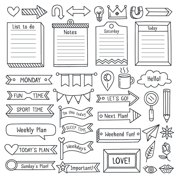 Vector collection of drawn bullet journal essentials