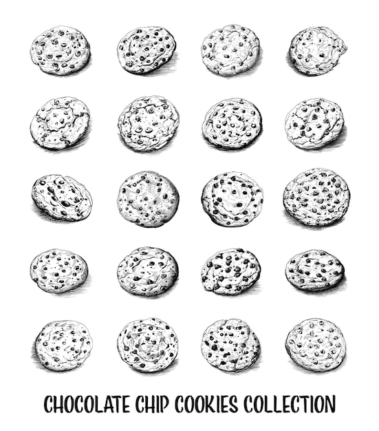 Vector collection of drawn choco chip cookies