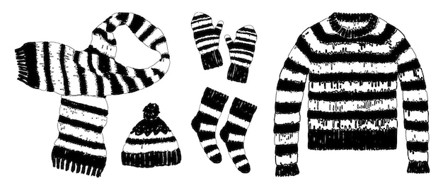 Vettore collezione di abbigliamento a maglia a strisce di lana per il tempo freddo maglione cappello mitto sciarpa illustrazione vettoriale in bianco e nero isolata su bianco