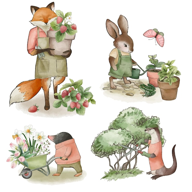 Collection of dressed animals doing gardening hand drawn