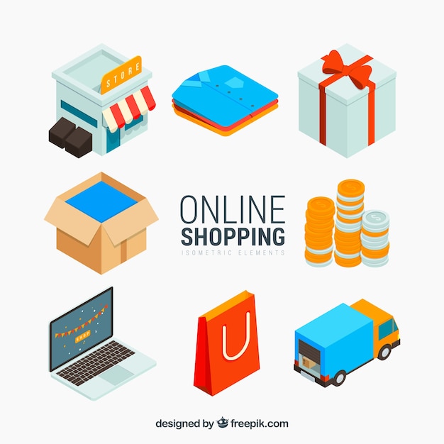 Vector collection of e-commerce element in isometric style