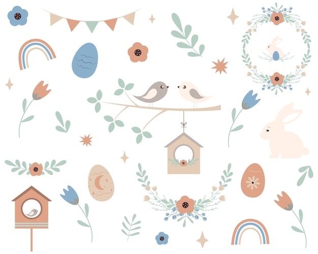 Коллекция элементов пасхального дизайна с цветочными венками, яйцами, кроликами, птицами, скворечниками, листьями. Вектор.