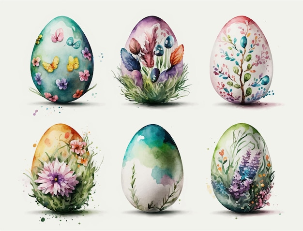 Коллекция пасхальных яиц разных цветов и цветов.