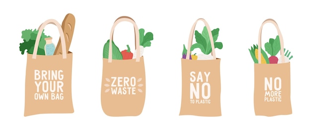 Collezione di borse ecologiche con scritte e verdure all'interno stile di vita zero rifiuti