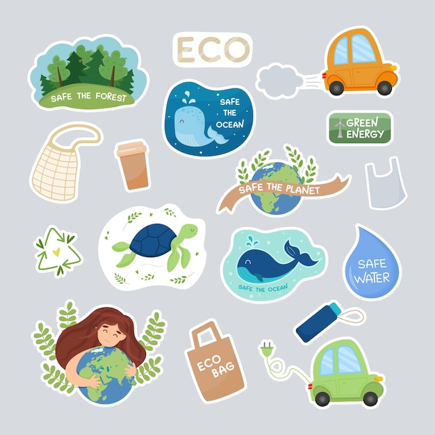 Vector collection of ecology stickers with slogans save planet green energy save ocean eco friendly