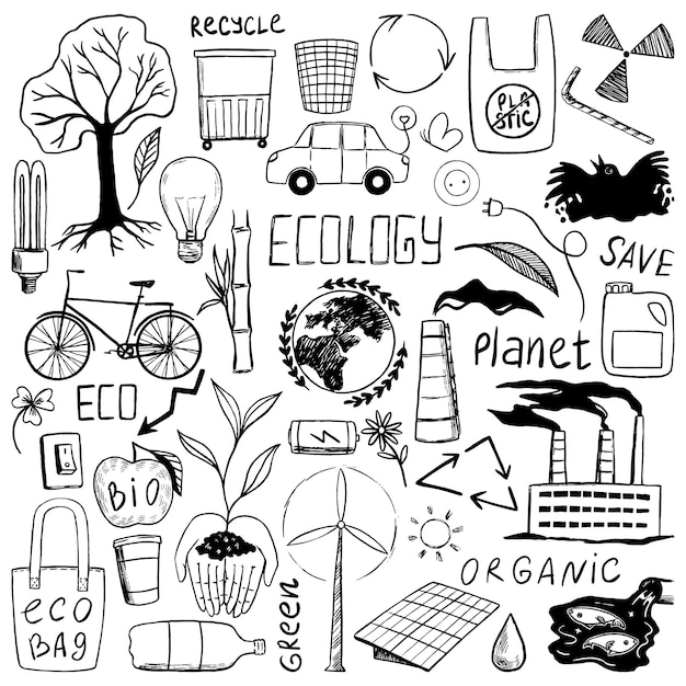 Vector collection of ecology theme doodles, writtens. contour drawings of green energy, recycle, organic, save planet. hand drawn vector illustration for design. black sketches elements isolated on white.
