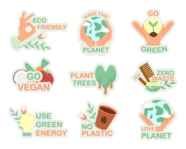 Collection of ecology vegan stickers slogans no more plastic save planet