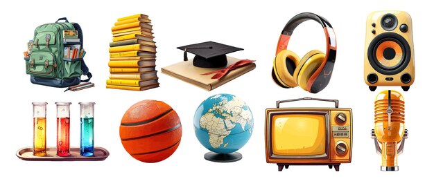 Vector collection of educational and entertainment objects including books globe