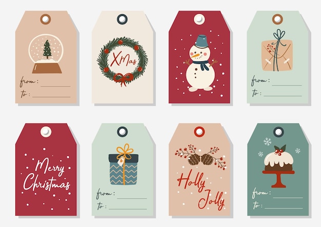 Vector collection of eight christmas and new year cute readytouse gift tags