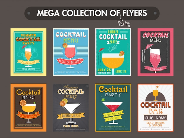 Collection of eight flyers, templates design for summer cocktail party celebration