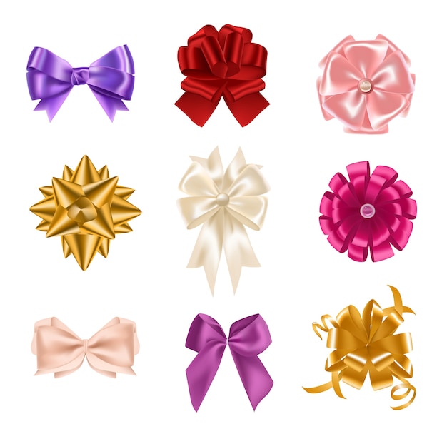 Collection of elegant colorful realistic silk bows of different types isolated on white