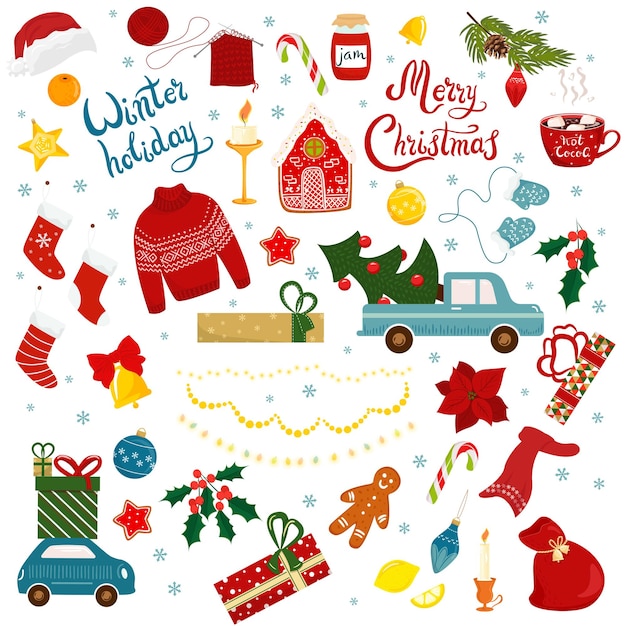 Collection of elements lettering Merry Christmas Happy New Year Template for scrapbooking stickers