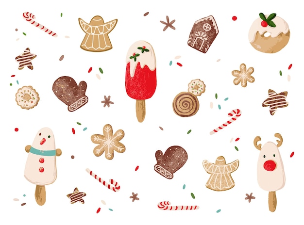 Vector collection of elements with christmas sweet pastries isolated vector illustrations
