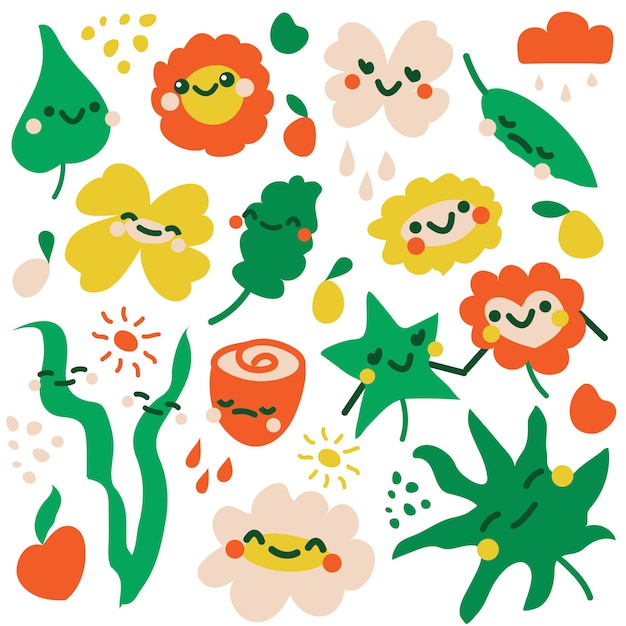 A collection of emotional flowers and leaves Plant characters Doodle style