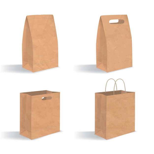 Vector collection of empty brown paper bag with handles. realistic kraft package with shadows isolated on white background. set of design templates.